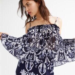 H&M Navy and White Pleated Off-Shoulder Floral Top